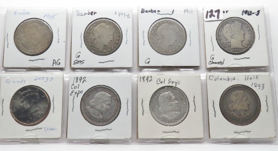 8 Half $ (7 Silver): 4 Barber AG-G (05, 07D,11, 12S); Kennedy 2003D Unc; 3 Columbian Expo (2-92, 93)