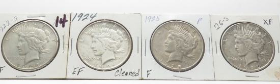 4 Peace1923S VF, 1924 EF cleaned, 1925 F, 1926S EF $: 1923S EF, 1924 EF cleaned, 1925 F, 1926S EF