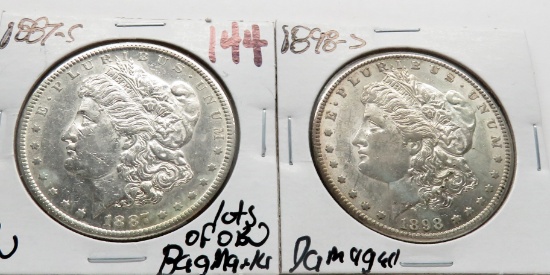 2 Morgan $: 1887S AU lots of obv bag marks, 1898S damaged