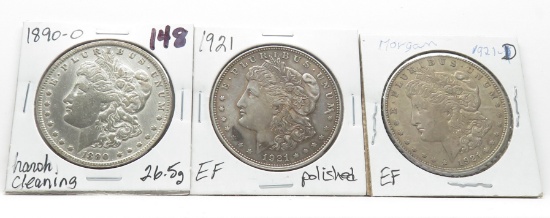 3 Morgan $: 1890-O harshly cleaned, 1921 EF polished, 1921D EF