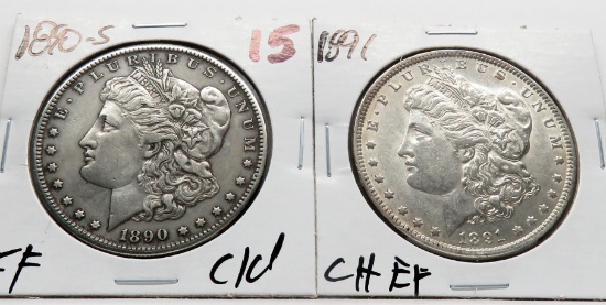 2 Morgan $: 1890S EF clea, 1891 CH EF