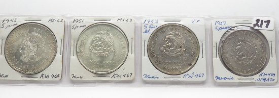 4 Mexico Silver 5 Peso up to BU: 1948, 1951, 1953, 1957