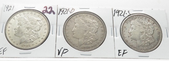 3 Morgan $: 1921 EF, 21D VF, 21S EF