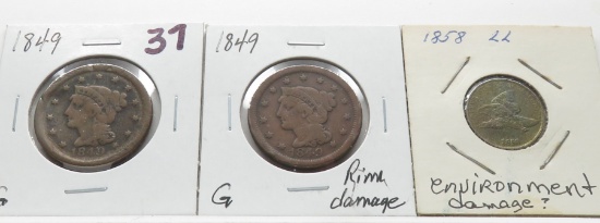 Penny Mix: 2-1849 Large Cents Good (1 rim damage); Flying Eagle 1858 LL ?environment damage