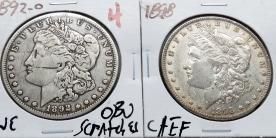 2 Morgan $: 1892-O F obv scrs, 1898 CH EF