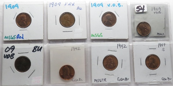 8 BU or better Lincoln Cents: 1909, 4-1909 VDB, 2-1942, 1949S