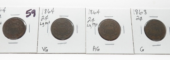 4 Two Cent Pieces: 3-1864 Lg Mt (2 VG, 1 AG), 1868 G