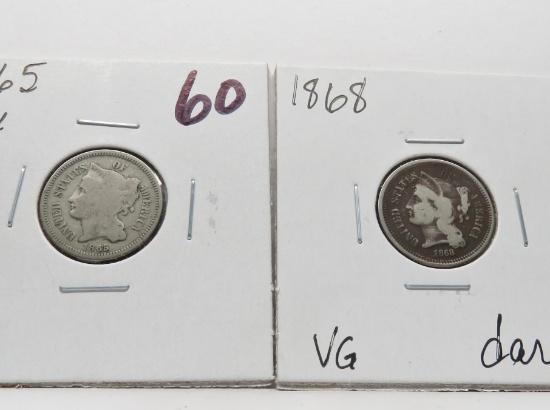 2 Nickel 3 Cent Pieces: 1865 G, 1868 VG dark