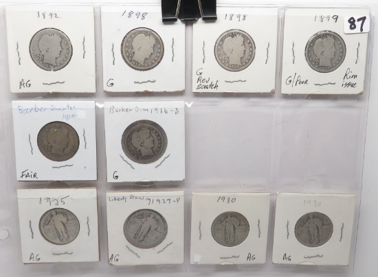 10 Silver Quarters: 6 Barber (1892 AG, 98 G, 98 G rev scr, 14 Fir, 16D G); 4 Standing Liberty AG (19