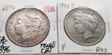 2 Silver Type $: Morgan 1896 CH EF toned obv, Peace 1934D F scrs