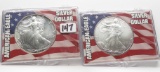 2 American Silver Eagles in plastic cases: 1994, 1996