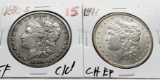 2 Morgan $: 1890S EF clea, 1891 CH EF