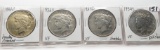 4 Peace $: 1922S harshly cleaned, 1926S VF, 1927D VF scrs, 1934S VF polished