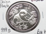 1992 China Panda 10 Yuan, 1oz .999 Silver, BU PL toning
