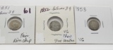 3 Silver 3 Cent Pieces Variety 1: 1851 Fair rim chip, 52 VG ?rev glue residue, 53 VG