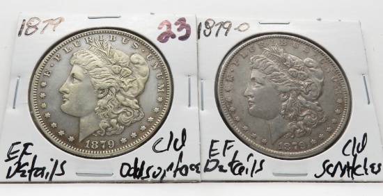 2 Morgan $: 1879 EF clea odd surface, 1879-O EF cleaned scratches