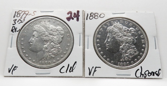 2 Morgan $: 1879S 3rd rev VF clea, 1880 VF chromed