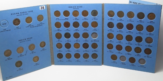 Whitman Flying Eagle Indian Cent Album, 55 Coins, NO 1877, 08S, 09S. Avg AG-G few better. 64L-L not