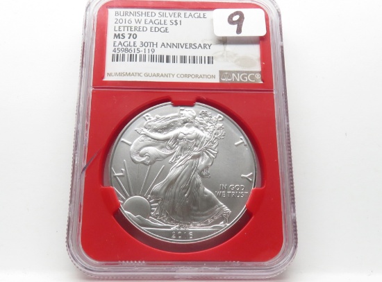2016W American Silver Eagle Burnished lettered edge NGC MS70 30th Anniversary, small slab crack
