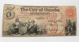 Nebraska Territory City of Omaha 1857 $3 Obsolete Note SN4158, VF-EF good color
