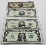 Currency Mix: $1 FRN 2009 CHCU; 2-$5 USN (VF, AU); $20 FRN Dallas 1934 F stained