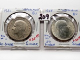 2 Yugoslavia Silvers: 20 Dinar 1931 BU, 50 Dimera 1938 BU