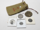 World Mix, in cloth penny bag: 2 Ancient Coins (1 about 550AD), Prussia 1860A Vereinthaler, 1 heavy