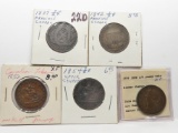 5 Canada 1/2 Cent Bank Tokens: 1837, 1842, 1852, 1854, 1856