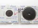2 Zaire Coppers: 1 Centime 1888, 10 Centimes 1889