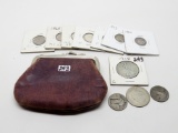Vintage leather coin purse with: Walking Lib Half 1918 G, 3 no dt Silver (2 qtr, 1 half), 5 Silver D