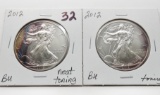 2-2012 American Silver Eagle BU, neat toning, each 1 oz .999 Fine Silver