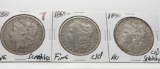 3 Morgan $: 1889 F scrs, 1889-O F clea, 1890 AU clea splotchy