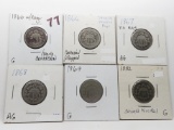 6 Shield Nickels, avg AG-G some corrosion: 2-1866 w/rays, 67 no ray, 68, 69, 82