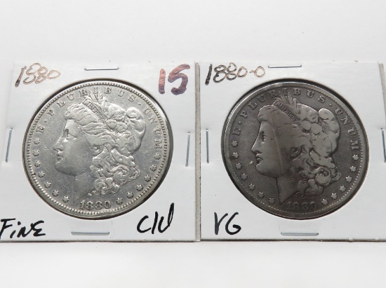 2 Morgan $: 1880 Fine clea, 1880-O VG