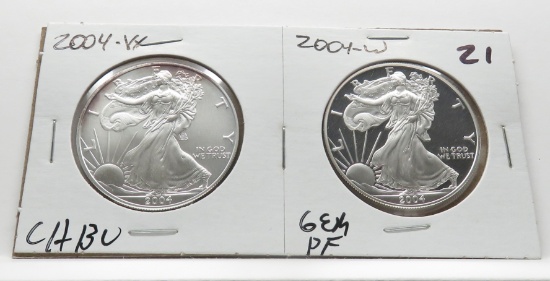 2 American Silver Eagle $ 2004-W CH BU & Gem PF