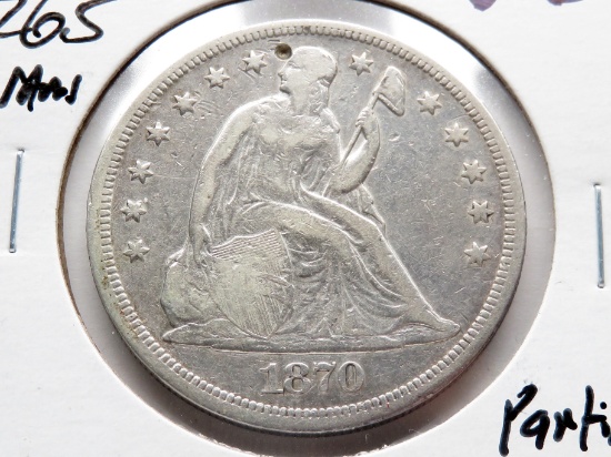 Liberty Seated $ 1870 Fine, partial obv hole, 26.5g