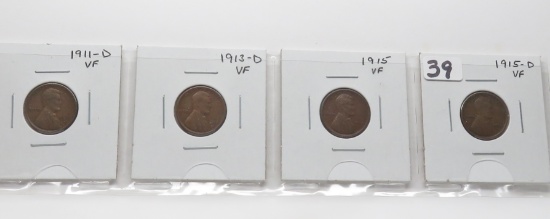4 Lincoln Wheat Cents VF: 1911D, 1913D, 1915, 1915D