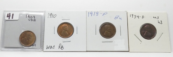 4 Lincoln Wheat Cents Unc-BU: 1909 VDB, 1910, 1918, 1934D