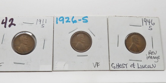 3 Lincoln Wheat Cents: 1911S F, 1926S VF, 1946S "Ghost of Lincoln" (Progressive Indirect Design Tran