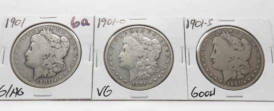 3 Morgan $: 1901 G/AG, 1901-O VG, 1901S G