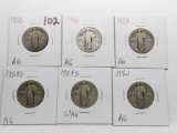 6 Standing Liberty Quarters AG-G: 1925, 26, 28PS, 29S, 30