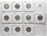10 Silver Quarters: Barber 1916D VG; 9 Standing Liberty 1917 Var 1 G scrs gouges, 25 VG, 26 G ?clea,
