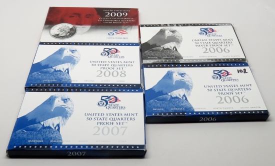 5 Quarter Proof Sets: 2006, 2006 Silver, 2007, 2008, 2009 Silver