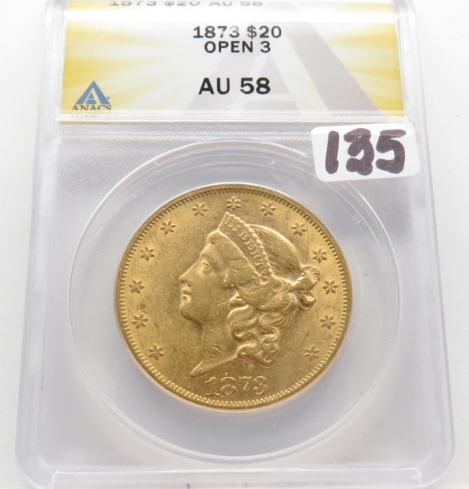 $20 Gold Liberty Head Double Eagle 1873 Open 3 ANACS AU58