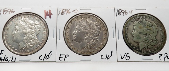 3 Morgan $ better dates: 1896 EF clea, 1896-O EF clea, 1896S VG ?PVC