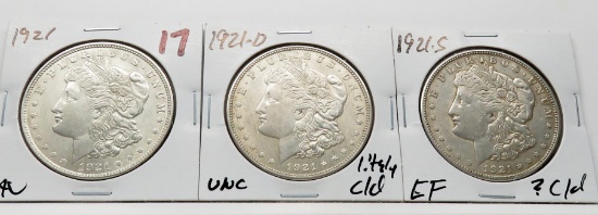 3 Morgan $: 1921 AU, 1921D Unc light clea, 1921S EF ?clea