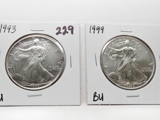 2 American Silver Eagles BU: 1993, 1999