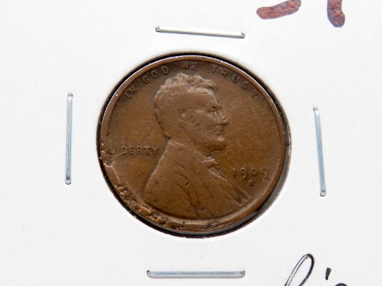 Lincoln Cent 1909S VG rim damage better date