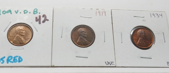 3 Lincoln Wheat Cents: 1909 VDB CH BU Red, 1919 Unc, 1934 BU