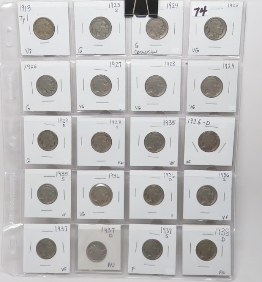 20 Buffalo Nickels vinyl pg: 1913 Ty1 VF, 23S G, 24 G corr, 25 VG, 26 G, 27 VG, 28 VG, 29 VG, 29D G,